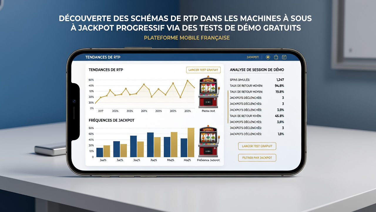 Analytics dashboard on a tablet showing RTP trend graphs and jackpot progression charts from demo testing sessions
